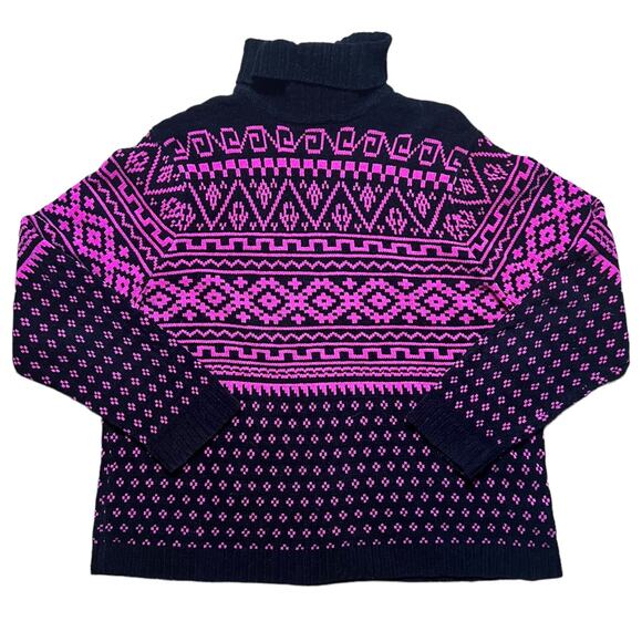 VINTAGE 90s Neon Geometric Fair Isle Pink Turtleneck Sweater Karen Scott XL - Picture 2 of 6